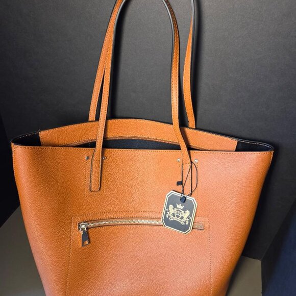Tote Bag Faux Leather Large Size Caramel & Black NWOT Roomy Versatile - Picture 11 of 11